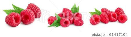 Ripe raspberries with leaf isolated on a white background, Set or collection 61417104