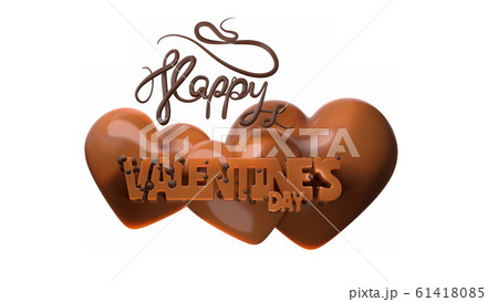 Happy Valentine's Day lettering with three hearts behind made of dark sweet chocolate or caramel. 3d illustration isolated on white background 61418085