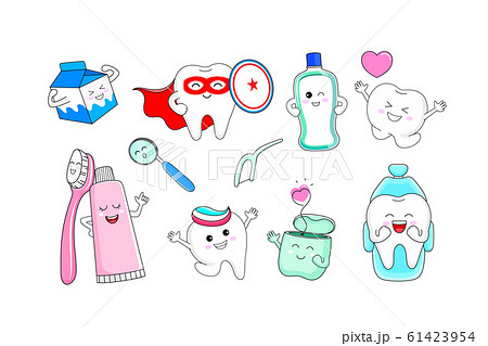 Cute cartoon tooth character with mouthwash, toothbrush, toothpaste, dental floss and with dental care equipment. 61423954
