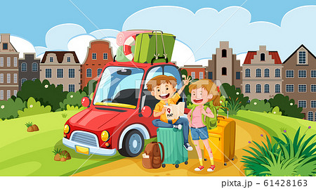 Background scene with tourists and car on the road Background scene with tourists and car on the road 61428163