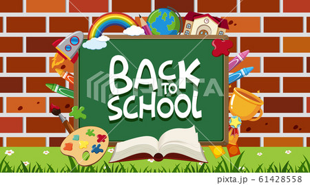 Back to school sign with many school items Back to school sign with many school items 61428558