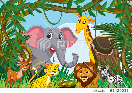 Cute Animals In Jungle Sceneのイラスト素材 Cute Animals In Jungle Sceneのイラスト素材