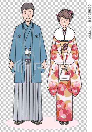 振り袖の女性と袴の男性 61429630