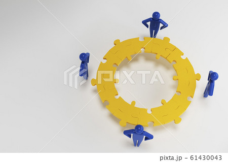 Four human 3d figures are holding pieces of a puzzle in their hands. 3d rendering Four human 3d figures are holding pieces of a puzzle in their hands. 3d rendering 61430043