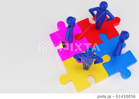 Four 3d man are standing on pieces of the puzzle. 3d rendering 61430056