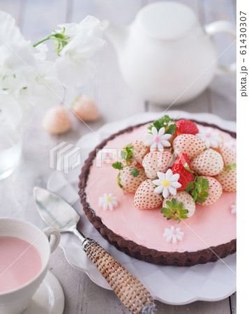 春スイーツ 白いイチゴのタルトケーキの写真素材