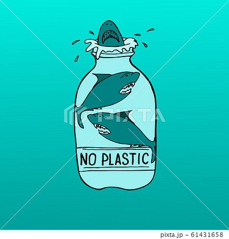 No plastic –shark in plastic bottle. Ecological disaster of garbage in the ocean. Vector stock flat illustration on aquamarine background. 61431658