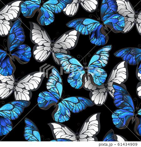 Dark Seamless Pattern With Blue Butterfliesのイラスト素材