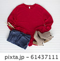 Red tshirt mockup with boots and jean. Pine cones 61437111