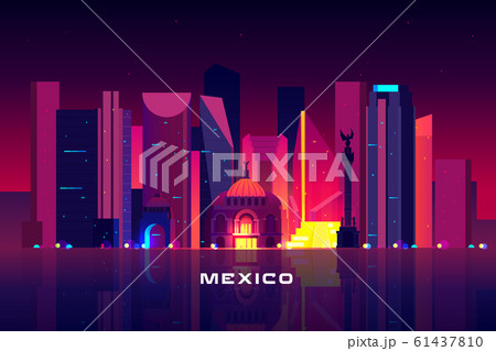 Mexico city skyline, neon lighting Night cityscape 61437810