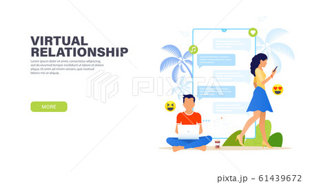 Virtual relationships. Handsome man sitting with laptop and chatting with pretty woman with phone Virtual relationships. Handsome man sitting with laptop and chatting with pretty woman with phone 61439672