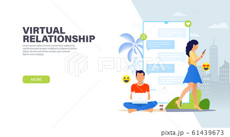 Virtual relationships. Handsome man sitting with laptop and chatting with pretty woman with phone 61439673