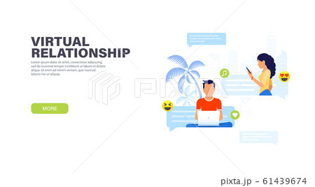 Virtual relationships. Handsome man sitting with laptop and chatting with pretty woman with phone Virtual relationships. Handsome man sitting with laptop and chatting with pretty woman with phone 61439674