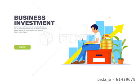Business investment landing page concept. Guy sitting on a large office box with a laptop 61439679