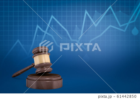 3d rendering of brown wooden gavel and sound block on blue background with line graphs and some copy space. 3d rendering of brown wooden gavel and sound block on blue background with line graphs and some copy space. 61442850