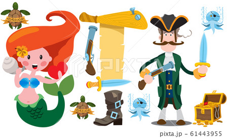 Pirate Captain and mermaid. Banner from an old parchment with space for text. Various items Medieval Pirates. Drawing on themes Ganster to design T-shirts, playing cards, theme parties 61443955