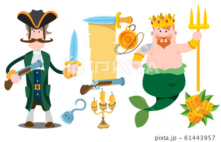 Pirate Captain and Neptune. Banner from an old parchment with space for text. Various items Medieval Pirates. Drawing on themes Ganster to design T-shirts, playing cards, theme parties 61443957