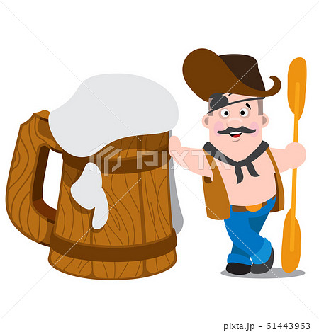 Cheerful man with an oar stands leaning on a huge wooden mug of frothy beer Cheerful man with an oar stands leaning on a huge wooden mug of frothy beer 61443963