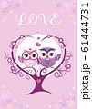 Owls couple in love sitting on a tree branch. Template for poster, card, your design. Vector. 61444731