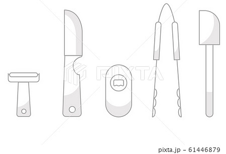 Vector illustration of the kitchen cooking tools and appliances. Knife, cooking tweezer, bottle opener, peeler, spatula. 61446879