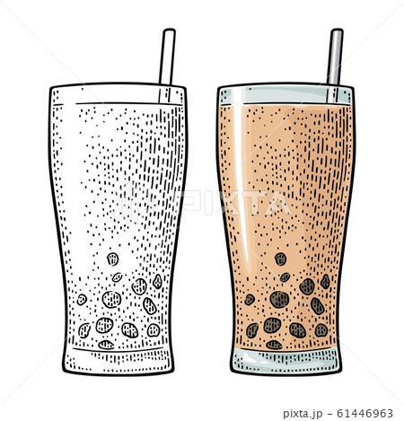 Bubble milk tea with tapioca pearl ball in glass. 61446963