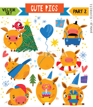 Christmas cartoon pigs collection. Winter hand drawn set with pigs in different poses. New Year pig and decorations. 61448151