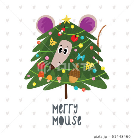 New year and Christmas card with cute mouse. Cartoon mouse winter print. Cartoon greeting card with symbol of 2020 year. 61448460