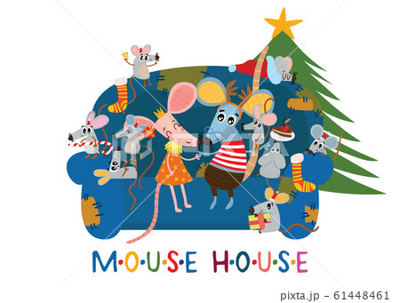 New year and Christmas card with cute mouses family. Cartoon mouse winter print. Cartoon greeting card with symbol of 2020 year. New year and Christmas card with cute mouses family. Cartoon mouse winter print. Cartoon greeting card with symbol of 2020 year. 61448461