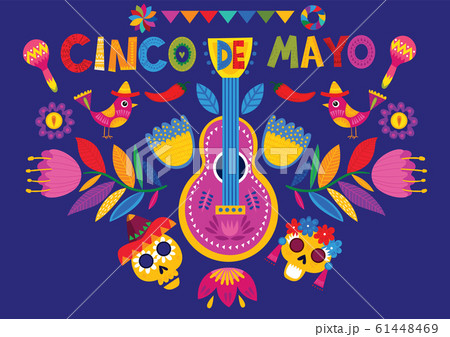 Mexican holiday 5 may Cinco De Mayo. Mexican Holiday banner, poster and party invitation design with traditional Mexican guitar, symbols, skull and flowers Mexican holiday 5 may Cinco De Mayo. Mexican Holiday banner, poster and party invitation design with traditional Mexican guitar, symbols, skull and flowers 61448469