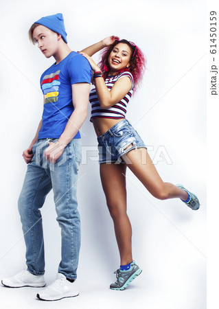 company of hipster guys, blonde boy and girls students having fun together friends, diverse fashion style and races, lifestyle people concept isolated on white background 61450159