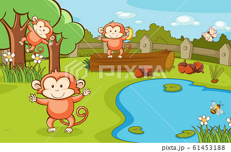 Scene with three monkeys in the park 61453188