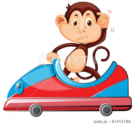 Monkey riding on toy blue and red car Monkey riding on toy blue and red car 61453786