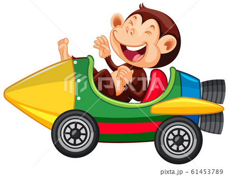 Monkey riding and laughing on toy car Monkey riding and laughing on toy car 61453789