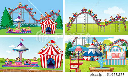 Four scenes with many rides in the fun fair Four scenes with many rides in the fun fair 61453823