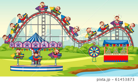 Scene With Happy Monkeys Riding On Roller Coasterのイラスト素材