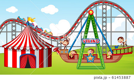 Scene with happy monkeys riding viking ship in the 61453887