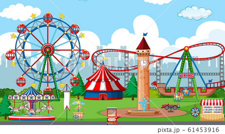 Scene with roller coaster and many rides in the 61453916