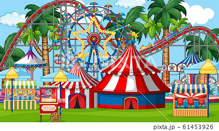 Scene with roller coaster and many rides in the Scene with roller coaster and many rides in the 61453926