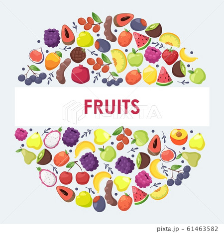 Exotic fruits in round frame composition, vector illustration. Healthy vegetarian food, fresh juicy slices of watermelon, melon, kiwi and pitaya. Tropical fruits, booklet cover 61463582