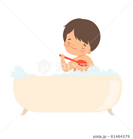 Little Boy Sitting in Bathtub and Washing with Shower Puff Vector Illustration Little Boy Sitting in Bathtub and Washing with Shower Puff Vector Illustration 61464379