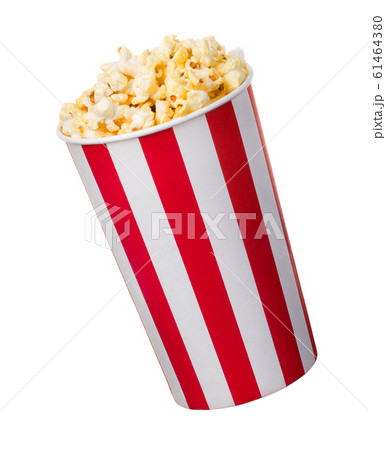 Paper striped bucket with popcorn isolated on white background 61464380