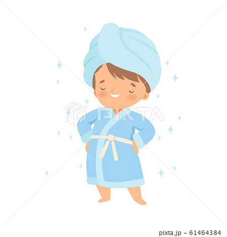 Little Boy Wearing Bathrobe Standing with Towel on His Head Vector Illustration Little Boy Wearing Bathrobe Standing with Towel on His Head Vector Illustration 61464384