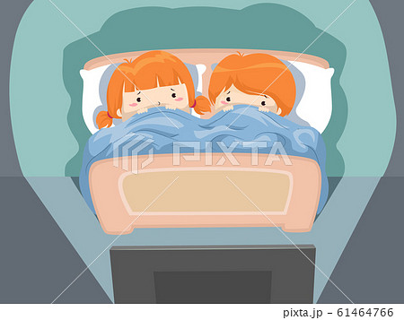 Kids Bed Watching Suspense Movie Illustration 61464766