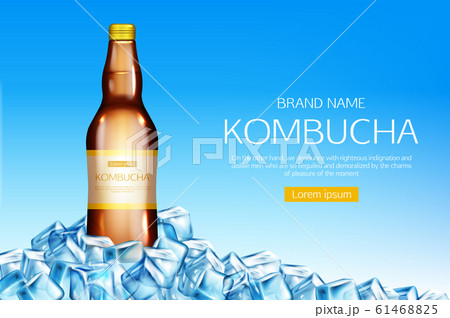 Kombucha bottle on ice cubes heap mockup banner 61468825