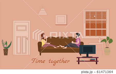 Cute loving couple on cozy sofa, drinking tea or drinks and eating together at home. Daily life of cute happy couple. Male female characters. Vector illustration flat cartoon 61471364
