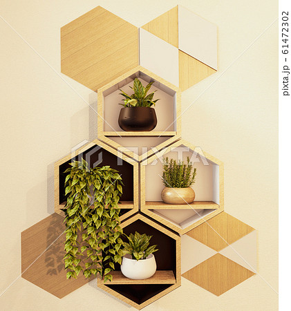 Hexagon wooden shelf japanese design on wall.3D 61472302