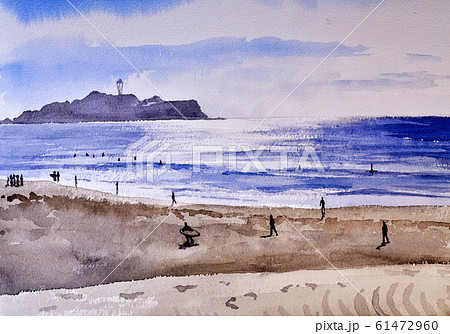 日本未発売 江の島と腰越漁港2 水彩画原画 絵画 江の島 シーズン２