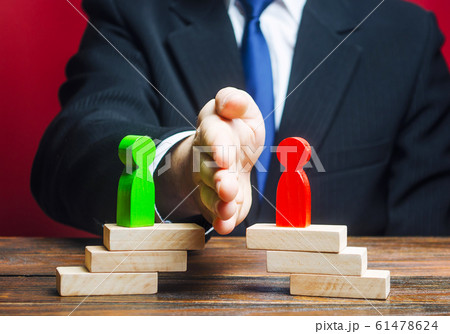 Man divides conflicting sides parties with a hand. Mediator services. Stop fight, ceasefire clashes, hot phase of war. Finding a compromise. Avoidance violence, bullying. protection of witnesses. 61478624