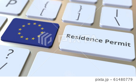 Residence Permit text and flag of the European Union on the buttons on the computer keyboard. Immigration related conceptual 3D rendering Residence Permit text and flag of the European Union on the buttons on the computer keyboard. Immigration related conceptual 3D rendering 61480779