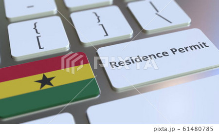 Residence Permit text and flag of Ghana on the buttons on the computer keyboard. Immigration related conceptual 3D rendering 61480785